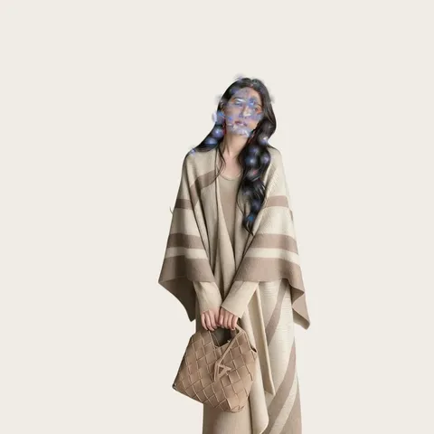 Women's Striped Knit Poncho Cape Cardigan Shawl Oversized Open Front Striped Wrap Cloak Top Winter Fall Cozy Outerwear