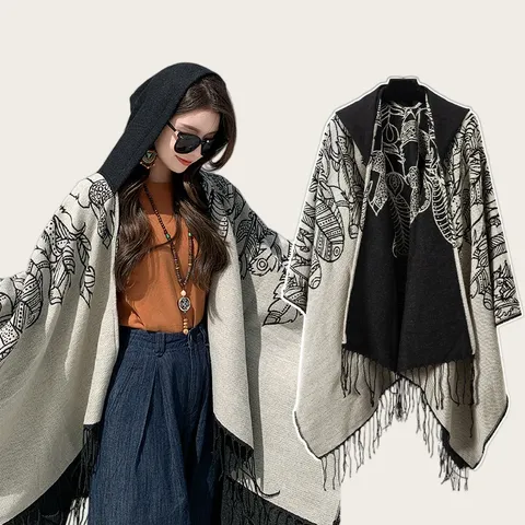 Poncho a Mantella con Cappuccio da Donna Stile Bohémien Scialle con Stampa Etnica e Nappe Cardigan in Maglia da Viaggio