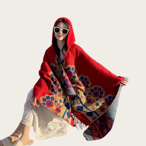 Poncho a Mantella con Cappuccio da Donna Stile Bohémien Scialle con Stampa Etnica e Nappe Cardigan in Maglia da Viaggio