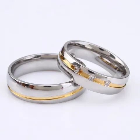 Fashion Stainless Steel Rhinestone Couple Ring Two-Tone Gold Inlaid Band Ring Japanese Korean Creative Finger Ring For Lovers Daily Jewelry Gift