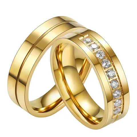 Fashion 18K Gold Plated Titanium Steel Couple Rings Simple Line Inlaid Rhinestone Rings For Men Women Wedding Gift Jewelry