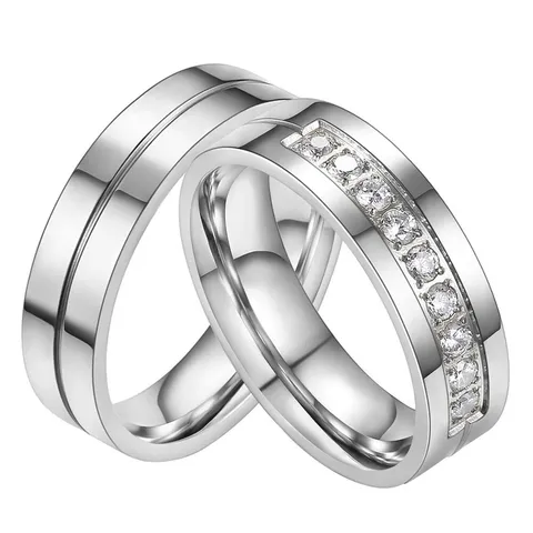 Simple Polished Titanium Steel Rhinestone Couple Ring Geometric Band For Men Women Engagement Fashion Jewelry Gift
