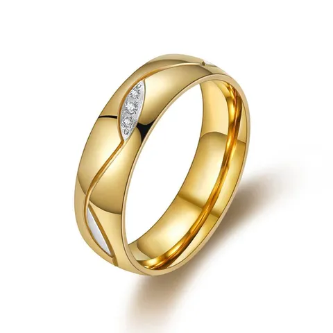 Korean Fashion Romantic Gold Titanium Steel Rhinestone Couple Ring Geometric Wave Inlaid Band Ring Jewelry Gift For Lovers