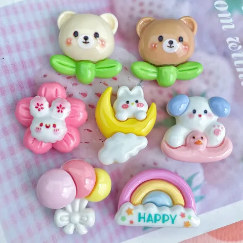 Cute Cartoon Resin Flatback Charms Rabbit Dog Bear Rainbow For DIY Phone Case Hair Clip Stationery Crafts Decoration Supplies