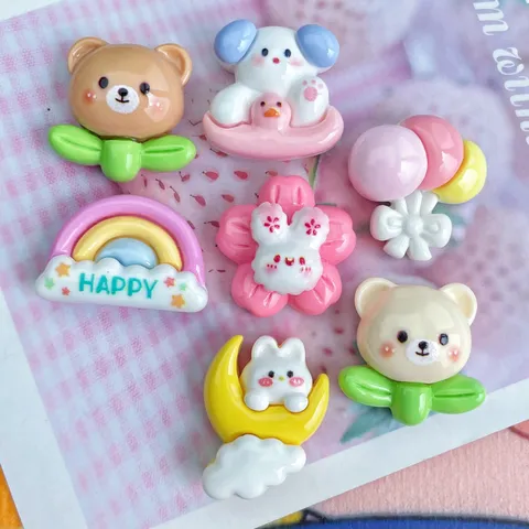 Cute Cartoon Resin Flatback Charms Rabbit Dog Bear Rainbow For DIY Phone Case Hair Clip Stationery Crafts Decoration Supplies