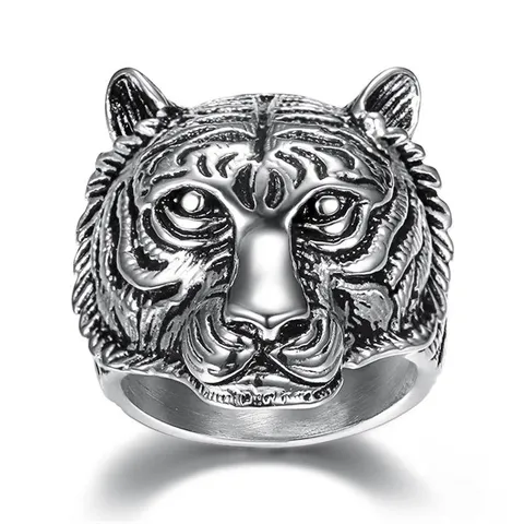 Vintage Stainless Steel Tiger Head Ring For Men Retro Animal Finger Ring Punk Cool Fashion Jewelry Gift