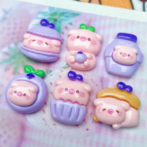 Purple Blueberry Pig Cake Resin Charms Cute Cartoon Animal Dessert DIY Accessories For Phone Case Hair Clips Decoration