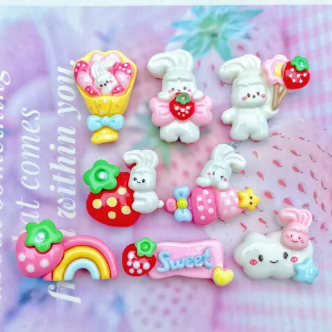 Cute Resin Cartoon Rabbit Strawberry Rainbow Flatback Craft Charms Decorative Printed Plastic Resin Materials DIY Craft Accessorie