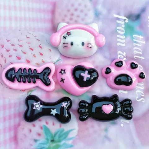 Gothic Sweet Cool Resin Cartoon Cat Charms Pink Black Headphone Cat Fishbone Bone Heart Star Resin Flatback Accessories For DIY Phone Case Hairpin Jewelry Making