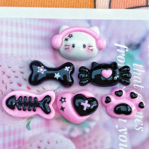 Gothic Sweet Cool Resin Cartoon Cat Charms Pink Black Headphone Cat Fishbone Bone Heart Star Resin Flatback Accessories For DIY Phone Case Hairpin Jewelry Making