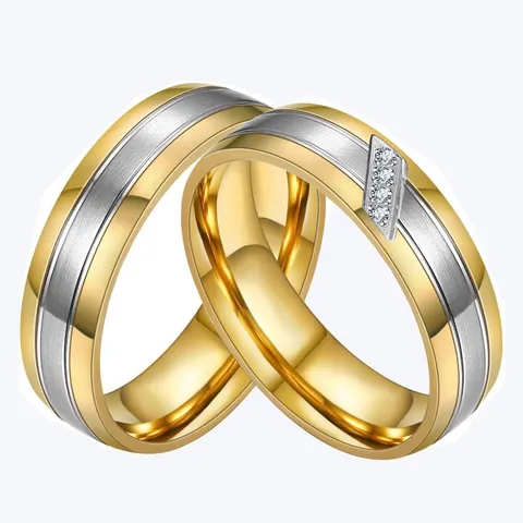 Fashion 18K Gold Plated Titanium Steel Zirconia Couple Rings For Men Women Two Tone Polished Brushed Geometric Finger Rings Jewelry