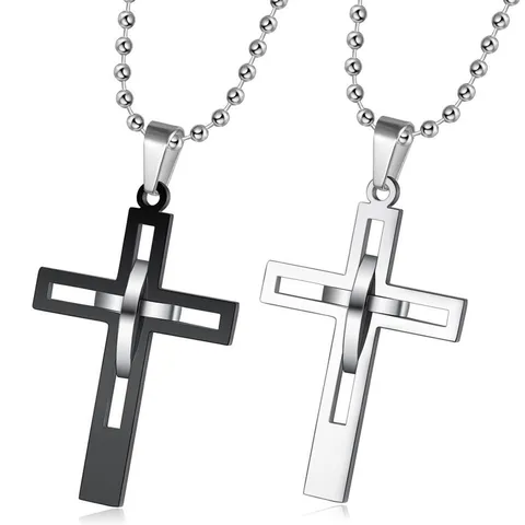 Herren Titanstahl Kreuz Anhänger Halskette Mode Doppelschichtig Hohl Kruzifix Schmuck Mit Kugelkette Für Männer Alltag