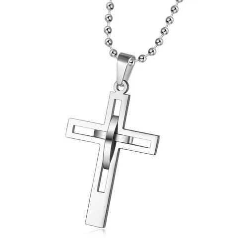 Herren Titanstahl Kreuz Anhänger Halskette Mode Doppelschichtig Hohl Kruzifix Schmuck Mit Kugelkette Für Männer Alltag