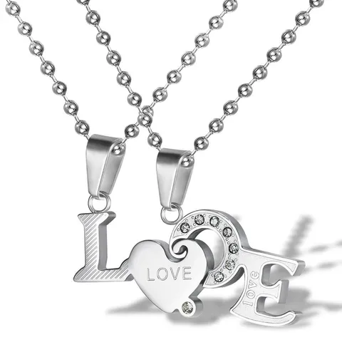 Titanium Steel Couple Necklace LOVE Letter Heart Splicing Pendant Inlaid Rhinestone Korean Fashion Matching Necklace For Lovers