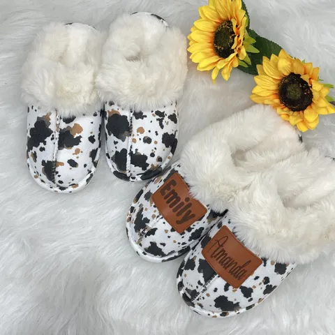 Winter Warm Plush House Slippers Cow Print Fluffy Faux Fur Thick Sole Soft Indoor Shoes For Women Men
