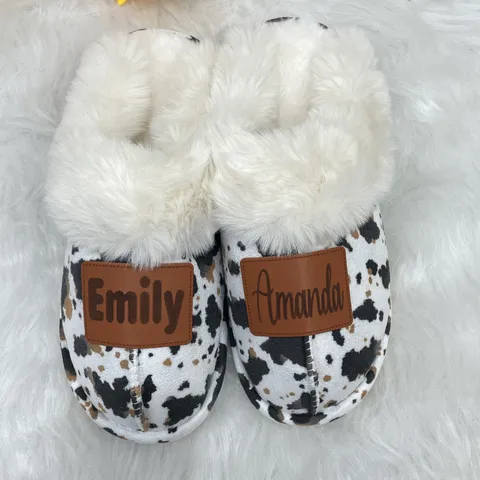 Winter Warm Plush House Slippers Cow Print Fluffy Faux Fur Thick Sole Soft Indoor Shoes For Women Men