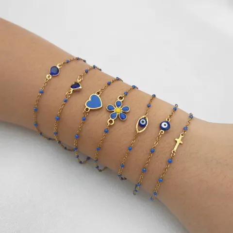 Bracciale con Ciondolo a Croce a Cuore Malocchio in Acciaio Inossidabile da Donna Perline Blu Placcato Oro Gioielli da Bracciale per Vacanze al Mare