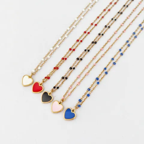 Collana con Ciondolo a Cuore in Smalto Fatto a Mano in Acciaio Inossidabile Catena con Perline di Smalto Colorato Collane a Cuore alla Moda per Donna
