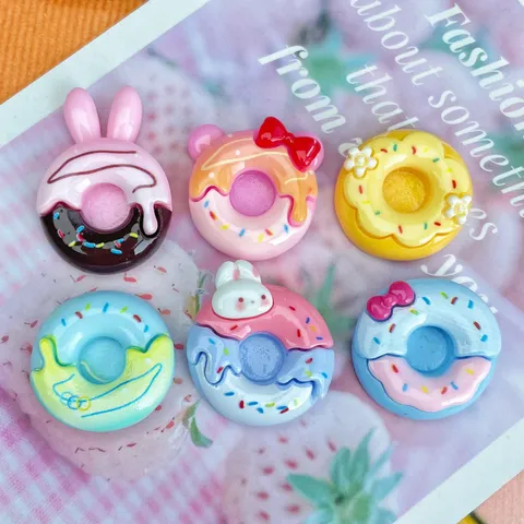 Resina Coniglio Ciambella Ciondoli Superficie Lucida Stampato Cartone Animato Animale Dessert Flatback Cabochon Per Fai-da-te Forcina Custodia Per Telefono Decorazione Cancelleria Ornamento