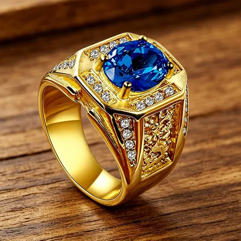 Men's Vintage Stainless Steel Ring Retro Carved Zircon Engagement Wedding Band Luxury Gold Plated Jewelry Finger Ring Gift