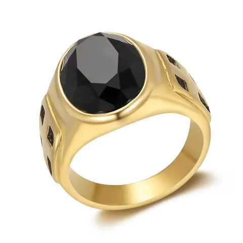 Men's Vintage Stainless Steel Cross Totem Ring Gold Plated Oval Rhinestone Punk Business Finger Ring Jewelry