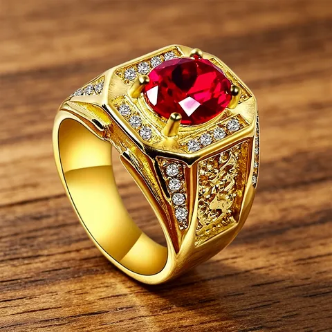 Men's Vintage Stainless Steel Ring Retro Carved Zircon Engagement Wedding Band Luxury Gold Plated Jewelry Finger Ring Gift