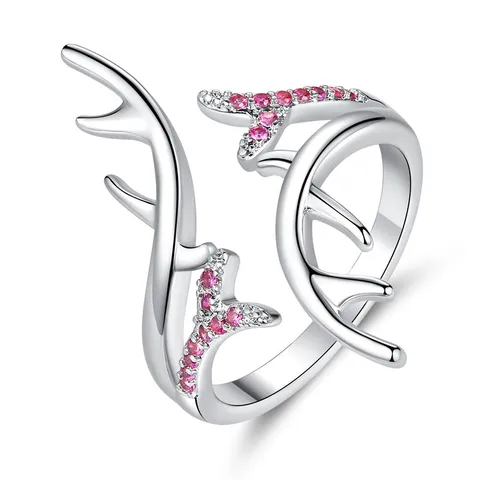 Bague Ouverte Minimaliste en Cuivre Bois de Cerf pour Femmes Plaqué Argent Strass Forêt Ajustable Bijoux de Mode