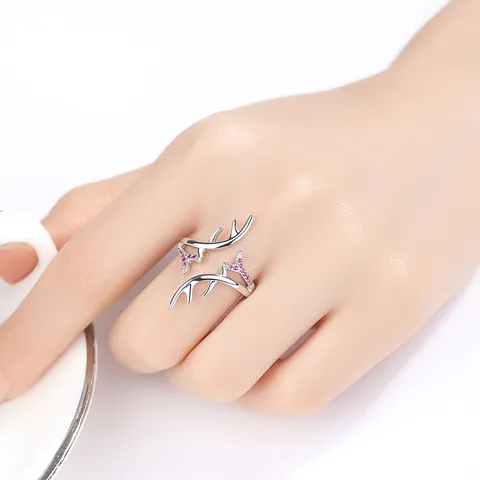Bague Ouverte Minimaliste en Cuivre Bois de Cerf pour Femmes Plaqué Argent Strass Forêt Ajustable Bijoux de Mode