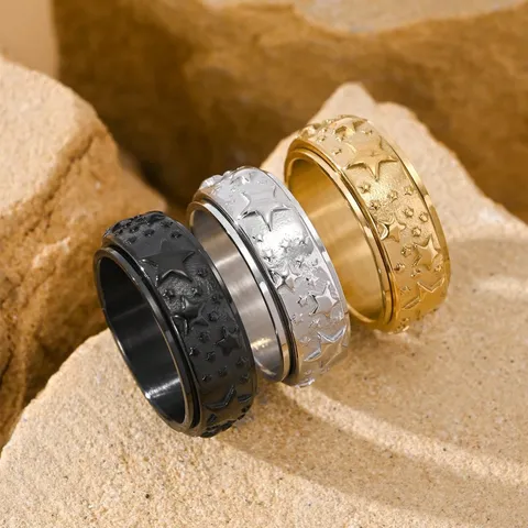 Men Stainless Steel Spinner Ring Vintage Star Embossed Rotating Stress Relief Ring Fashion Punk Jewelry Finger Ring