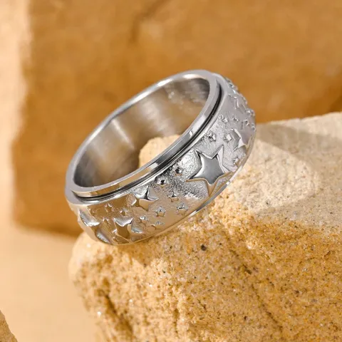 Men Stainless Steel Spinner Ring Vintage Star Embossed Rotating Stress Relief Ring Fashion Punk Jewelry Finger Ring