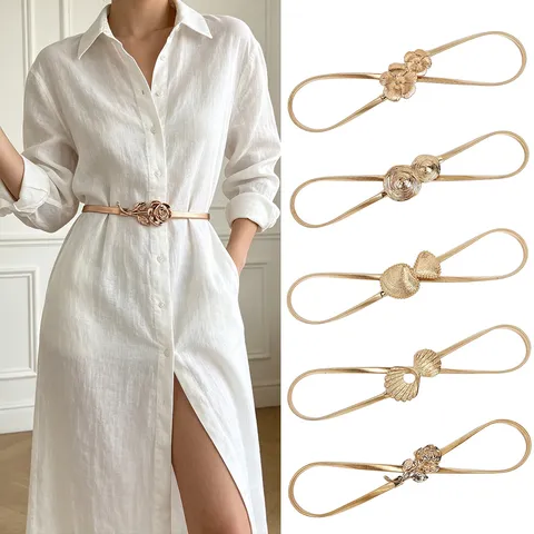Women's Elastic Metal Belt Thin Gold Silver Waist Chain Decorative Spring Belt For Dress Sweater Rose Flower Shell Buckle Belt