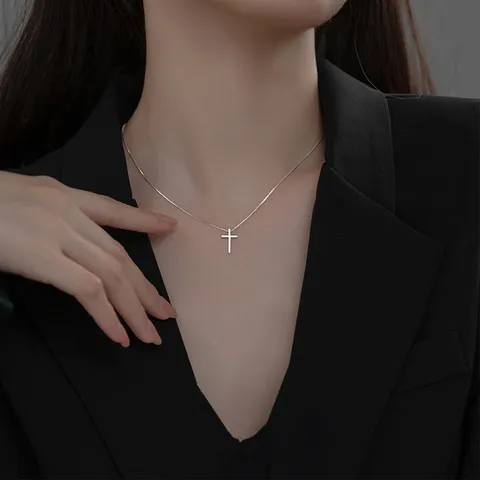 S925 Sterlingsilber Kreuz Anhänger Halskette Für Damen Minimalistisch Box-Kette Schlüsselbeinkette Mode Silberschmuck Geschenk