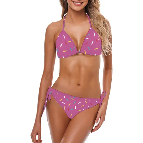 Women Sexy Halter Triangle Bikini Set Dopamine Printed Swimsuit Adjustable Tie Side Swimwear Beach Vacation