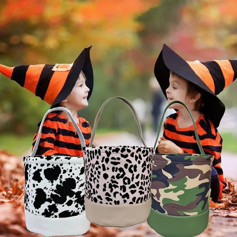 Halloween Panier de Bonbons Toile Seau Sac Imprimé Léopard Vache Camouflage Fête Décoration Cadeau Rangement Sac