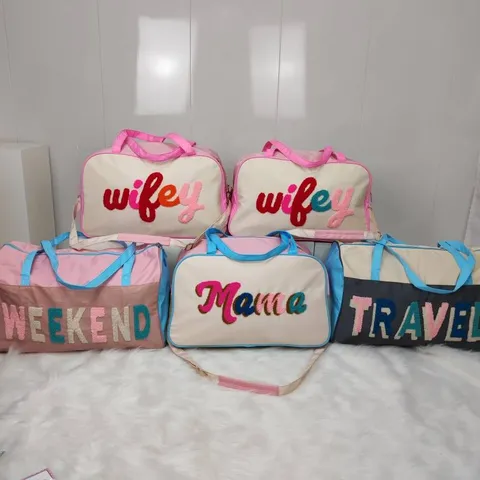 Large Capacity Travel Duffel Bag Cute Chenille Letter Embroidery Weekender Overnight Bag Portable Handbag Casual Tote Bag