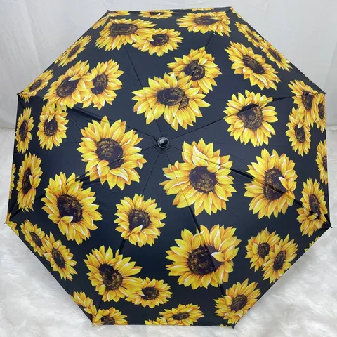 Manual Folding Sun And Rain Umbrella With Black UV Protection Coating And Sunflower Print