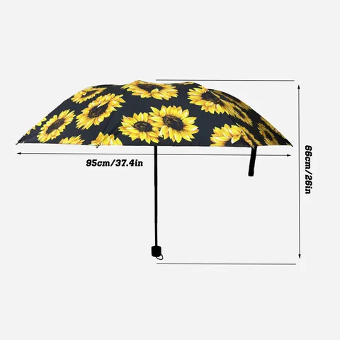 Manual Folding Sun And Rain Umbrella With Black UV Protection Coating And Sunflower Print