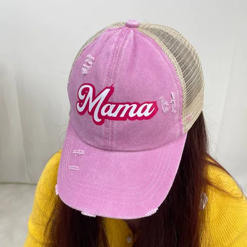 Women Distressed Baseball Cap Vintage Trucker Hat Mesh Ponytail Hat Mama Letter Print Outdoor Sun Protection Hat