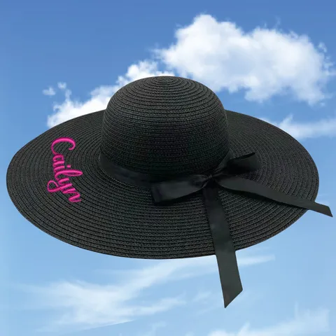 Women Summer Straw Hat Wide Brim Sun Hat Beach Vacation Sunhat with Elegant Bow And Letter Embroidery