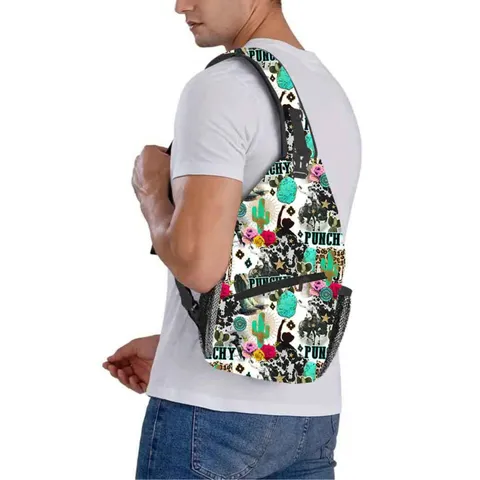 Womens Retro Western Print Crossbody Bag Polyester Casual Messenger Bag With Adjustable Strap And Mesh Side Pocket