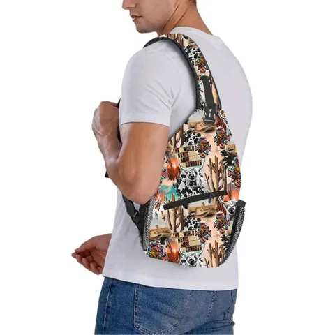 Womens Retro Western Print Crossbody Bag Polyester Casual Messenger Bag With Adjustable Strap And Mesh Side Pocket