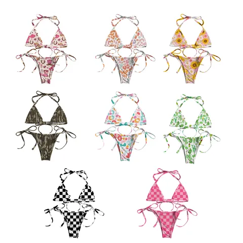 Women's Sexy Halter Triangle Bikini Set Two Piece Swimsuit Floral Leopard Camo Plaid Cactus Print Beach Swimwear