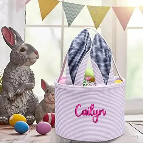 Easter Canvas Tote Bag Personalized Embroidery Rabbit Ear Basket Striped Storage Bucket Holiday Gift Party Supplies