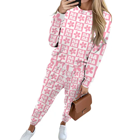 Women Casual Long Sleeve Sweatshirt And Cuffed Pants Set Printed Pullover Crew Neck Sporty Outfit Two Piece Tracksuit