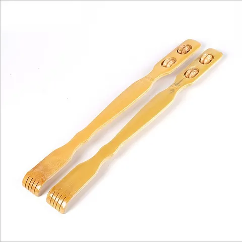Natural Bamboo Back Scratcher With Double Massage Wheels Traditional Wooden Itching Scratch Tool For Elderly Home Daily Use