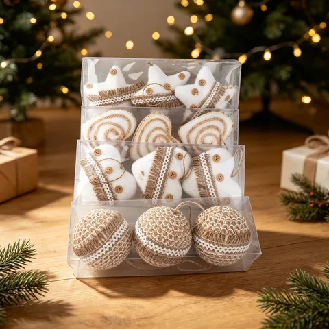 Adornos Colgantes para Árbol de Navidad Conjunto de Decoración de Bola Estrella Corazón de Espuma Cuerda de Cáñamo Decoración de Fiesta Rústica