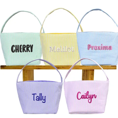 Easter Seersucker Storage Bucket Embroidered Name Basket Striped Tote Gift Bag For Holiday Home Decor