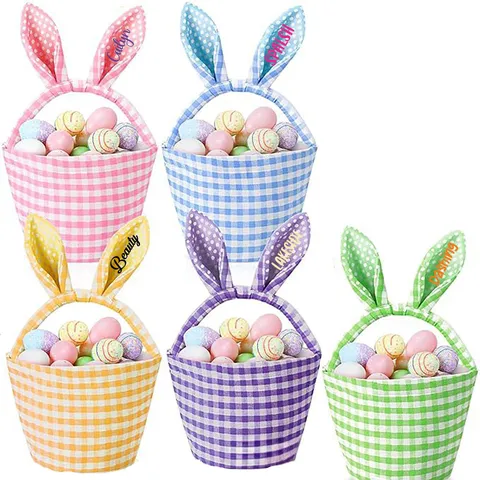 Easter Bunny Ear Gingham Canvas Gift Bag Easter Egg Candy Storage Basket Cute Rabbit Plaid Holiday Party Decor