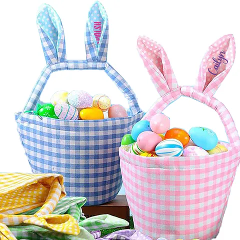 Easter Bunny Ear Gingham Canvas Gift Bag Easter Egg Candy Storage Basket Cute Rabbit Plaid Holiday Party Decor