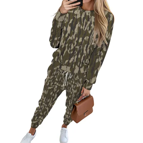 Women Casual Long Sleeve Sweatshirt And Cuffed Pants Set Printed Pullover Crew Neck Sporty Outfit Two Piece Tracksuit
